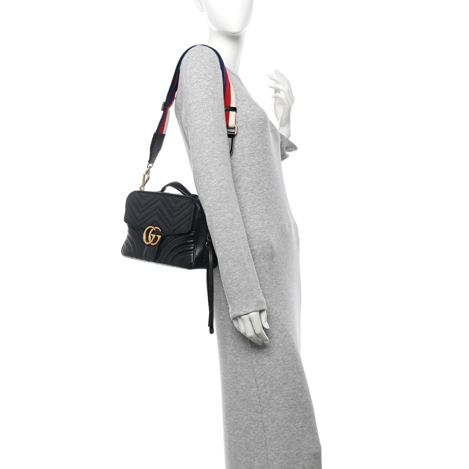 Gucci Calfskin Matelasse Sylvie Web Small GG Marmont Top Handle Shoulder Bag Black 2 of 14