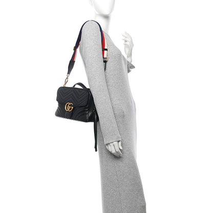 Gucci Calfskin Matelasse Sylvie Web Small GG Marmont Top Handle Shoulder Bag Black 2 of 14
