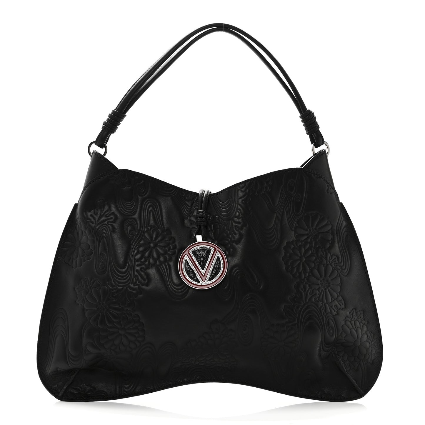 Calfskin Embossed Floral Shoulder Bag Black