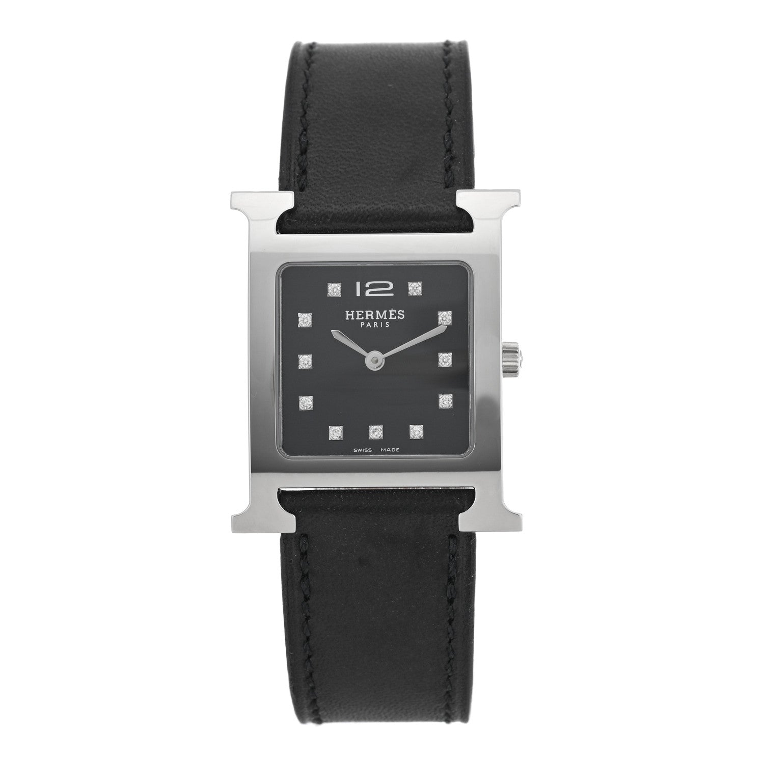 Hermes Stainless Steel Barenia Diamond 26mm Heure H Hour Quartz Watch Noir 1 of 5
