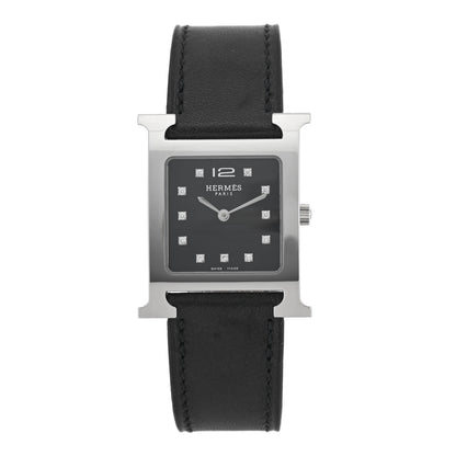Hermes Stainless Steel Barenia Diamond 26mm Heure H Hour Quartz Watch Noir 1 of 5