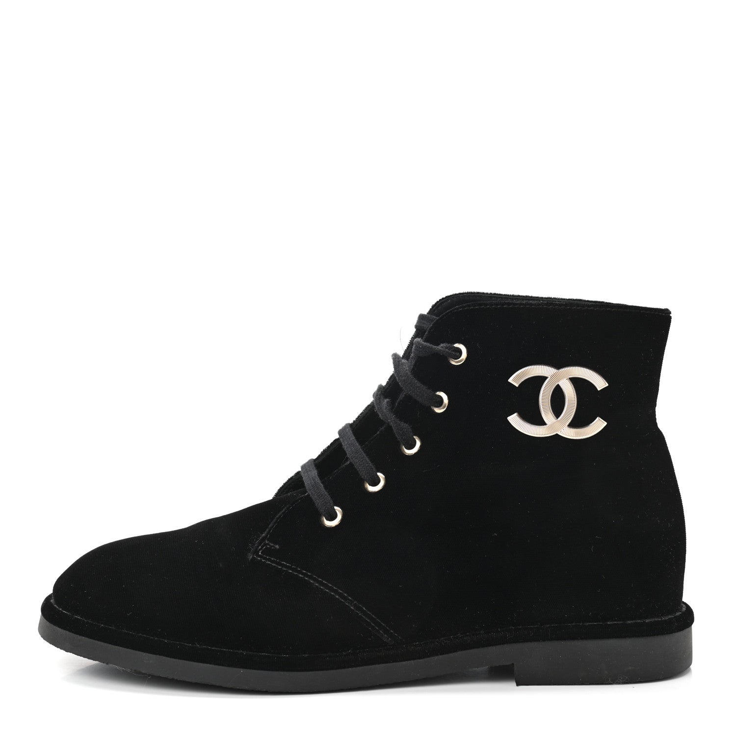Chanel Velvet CC Lace Up Boots 38.5 Black 1 of 8