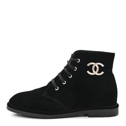Chanel Velvet CC Lace Up Boots 38.5 Black 1 of 8