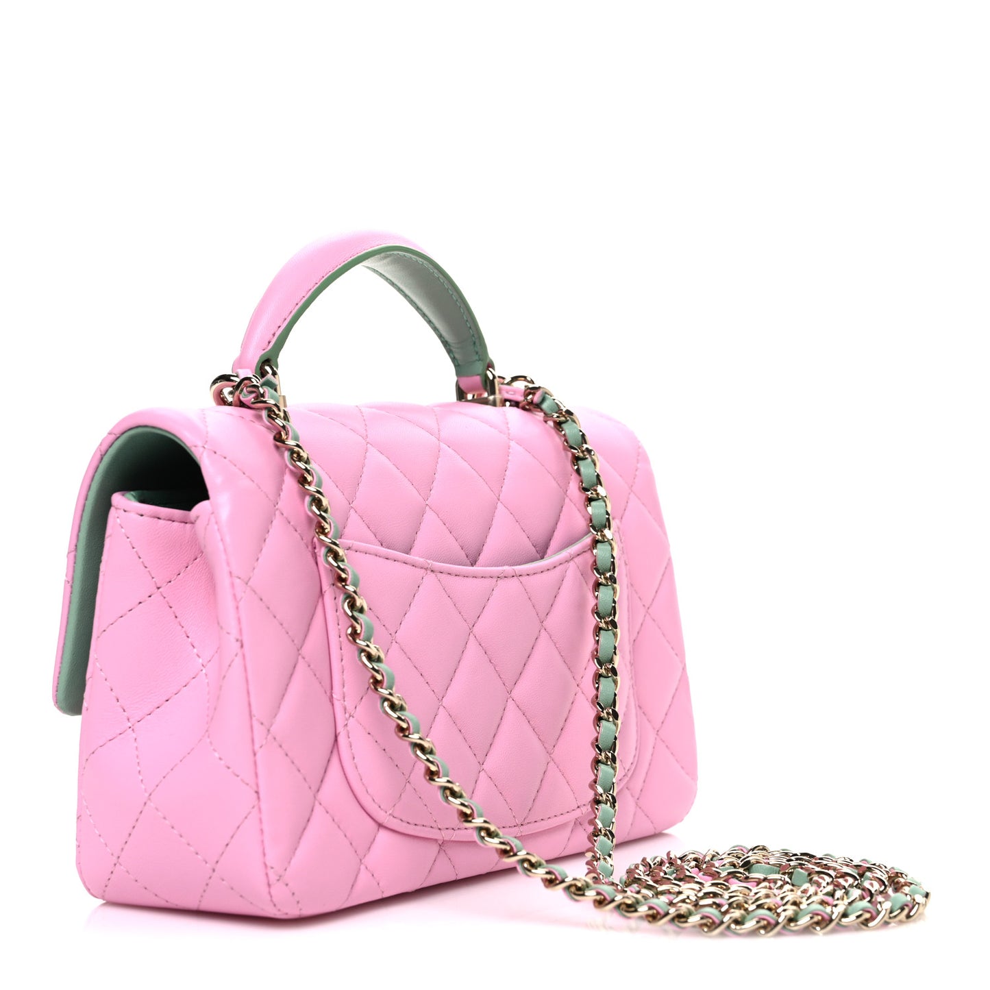 Lambskin Quilted Mini Top Handle Rectangular Flap Pink Green