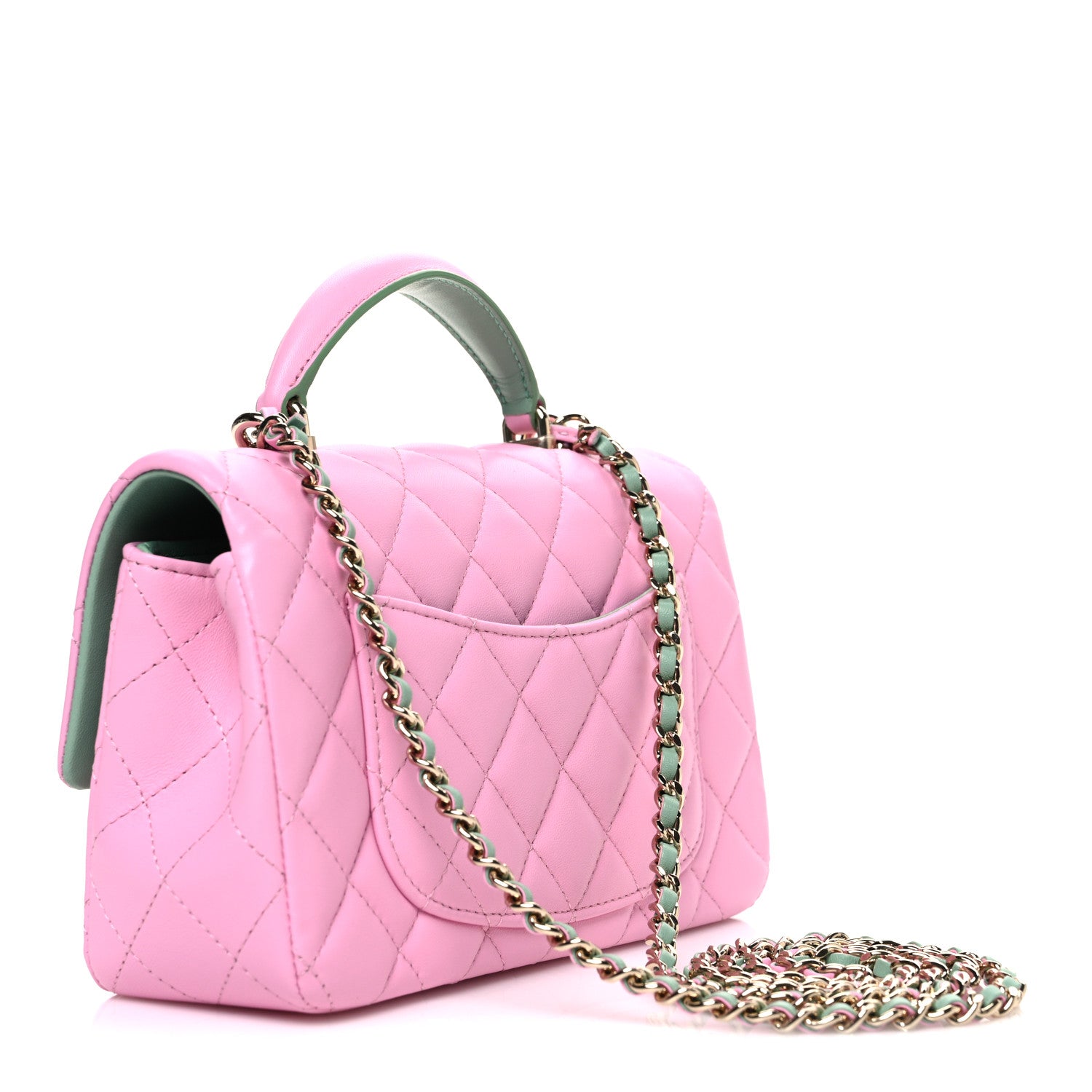 Chanel Lambskin Quilted Mini Top Handle Rectangular Flap Pink Green 3 of 10