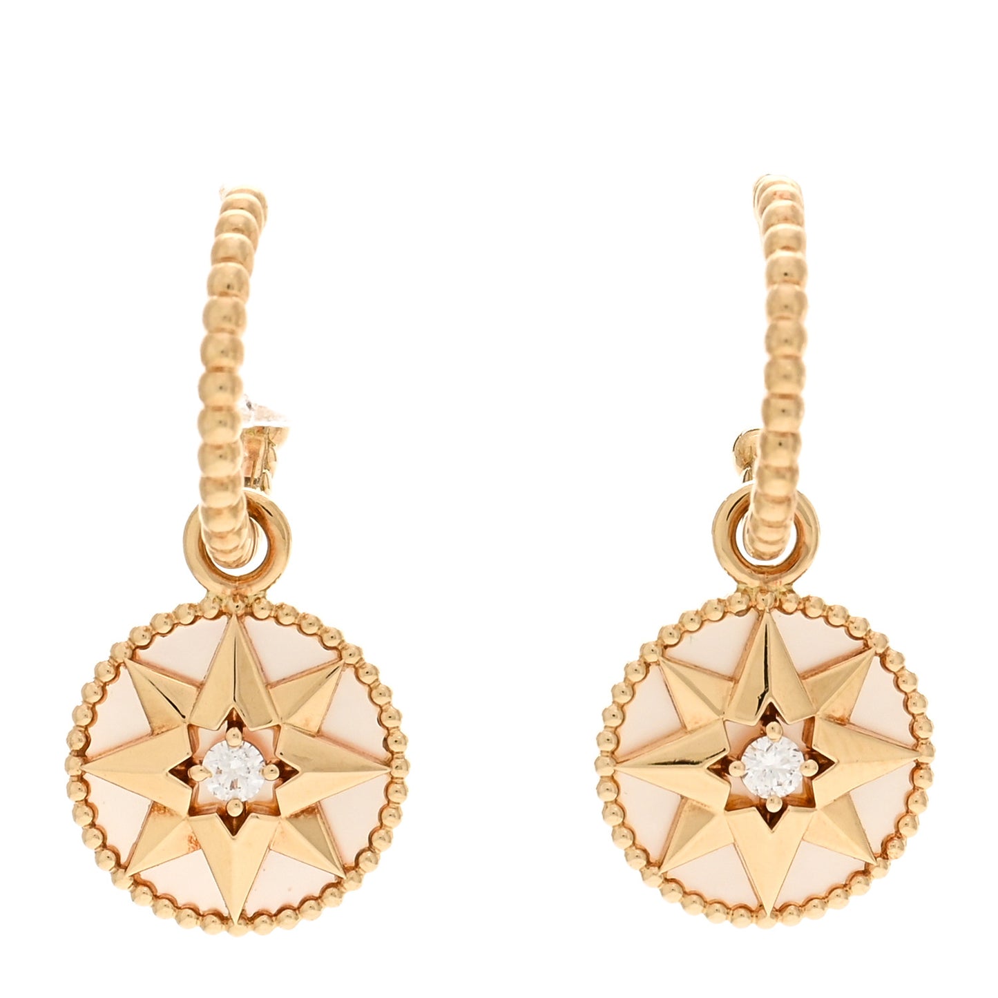 18K Yellow Gold Diamond Mother of Pearl Rose Des Vents Drop Earrings