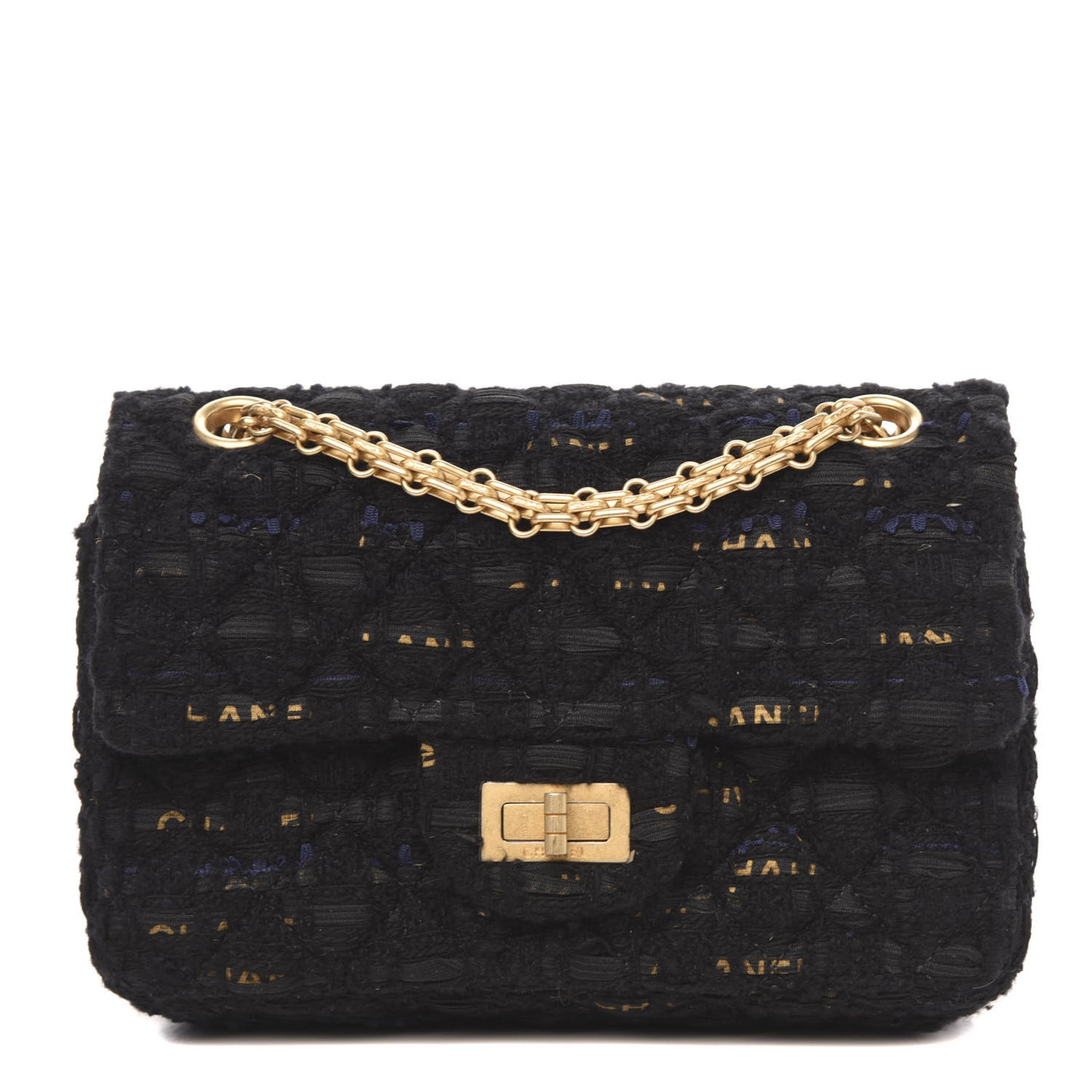 Tweed Quilted Mini 2.55 Reissue Flap Black Gold Navy