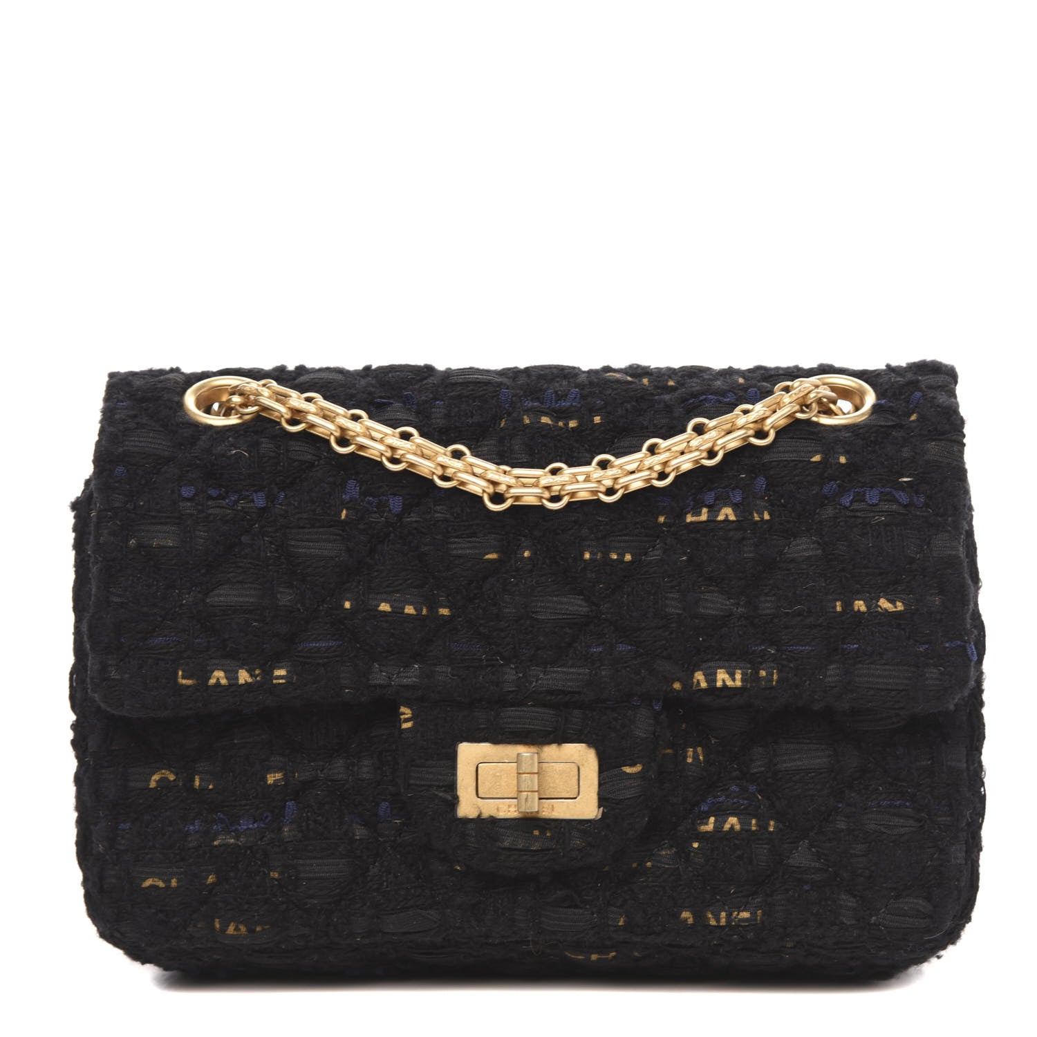 Chanel Tweed Quilted Mini 2.55 Reissue Flap Black Gold Navy 1 of 10