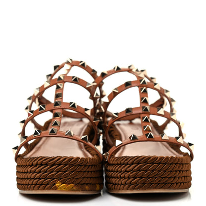 Valentino Garavani Calfskin Rockstud Ankle Strap Torchon Espadrille Caged 30/55mm Sandals 37 Saddle Brown 2 of 4