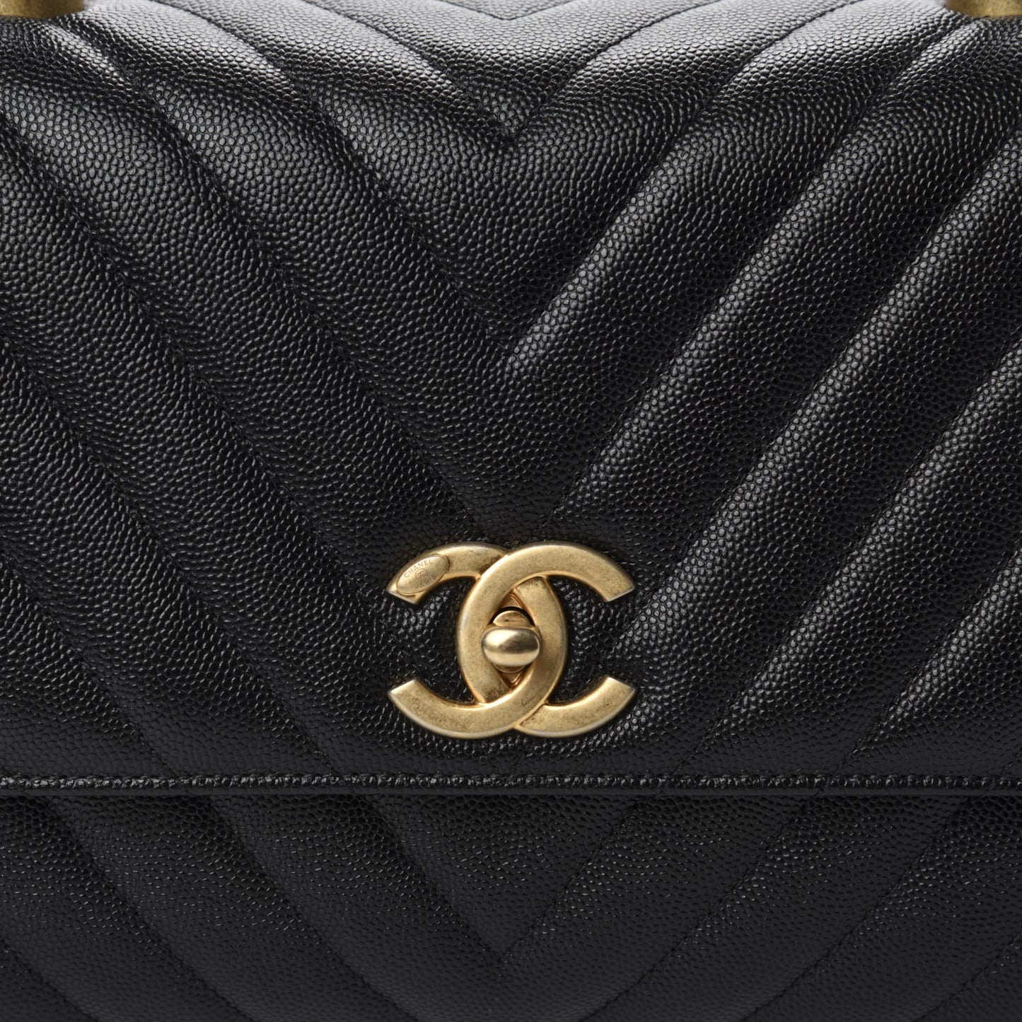 Caviar Chevron Quilted Small Coco Handle Flap Black