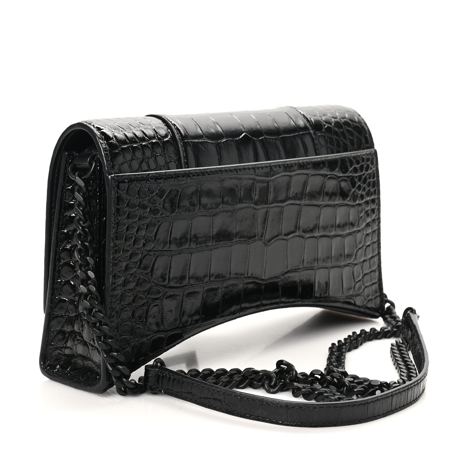 Balenciaga Shiny Calfskin Monochrome Crocodile Embossed Small Hourglass Evening Chain Bag Black 3 of 10