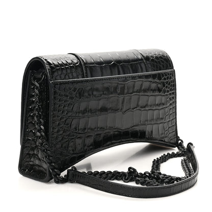 Balenciaga Shiny Calfskin Monochrome Crocodile Embossed Small Hourglass Evening Chain Bag Black 3 of 10