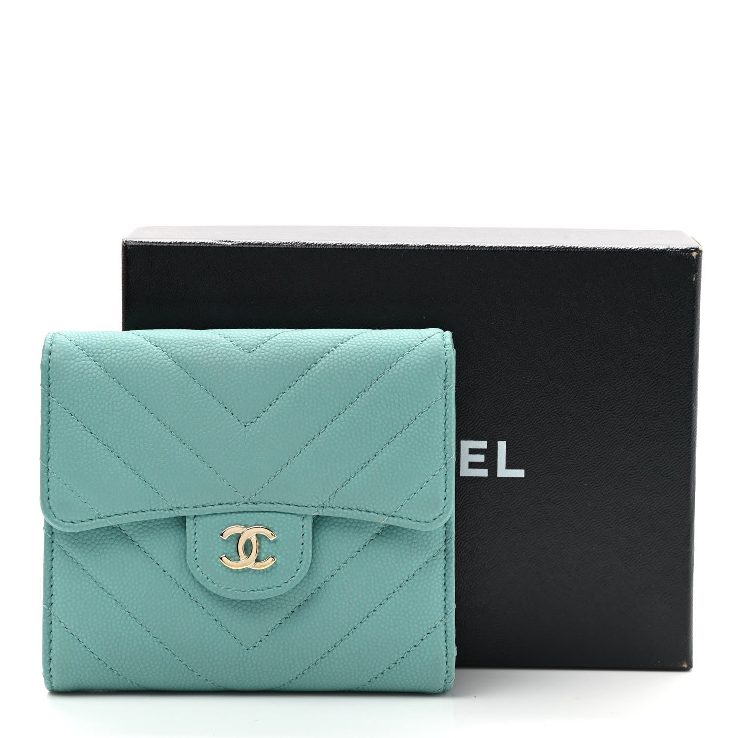 Chanel Caviar Flat Chevron Quilted Compact Flap Wallet Blue 9 of 9