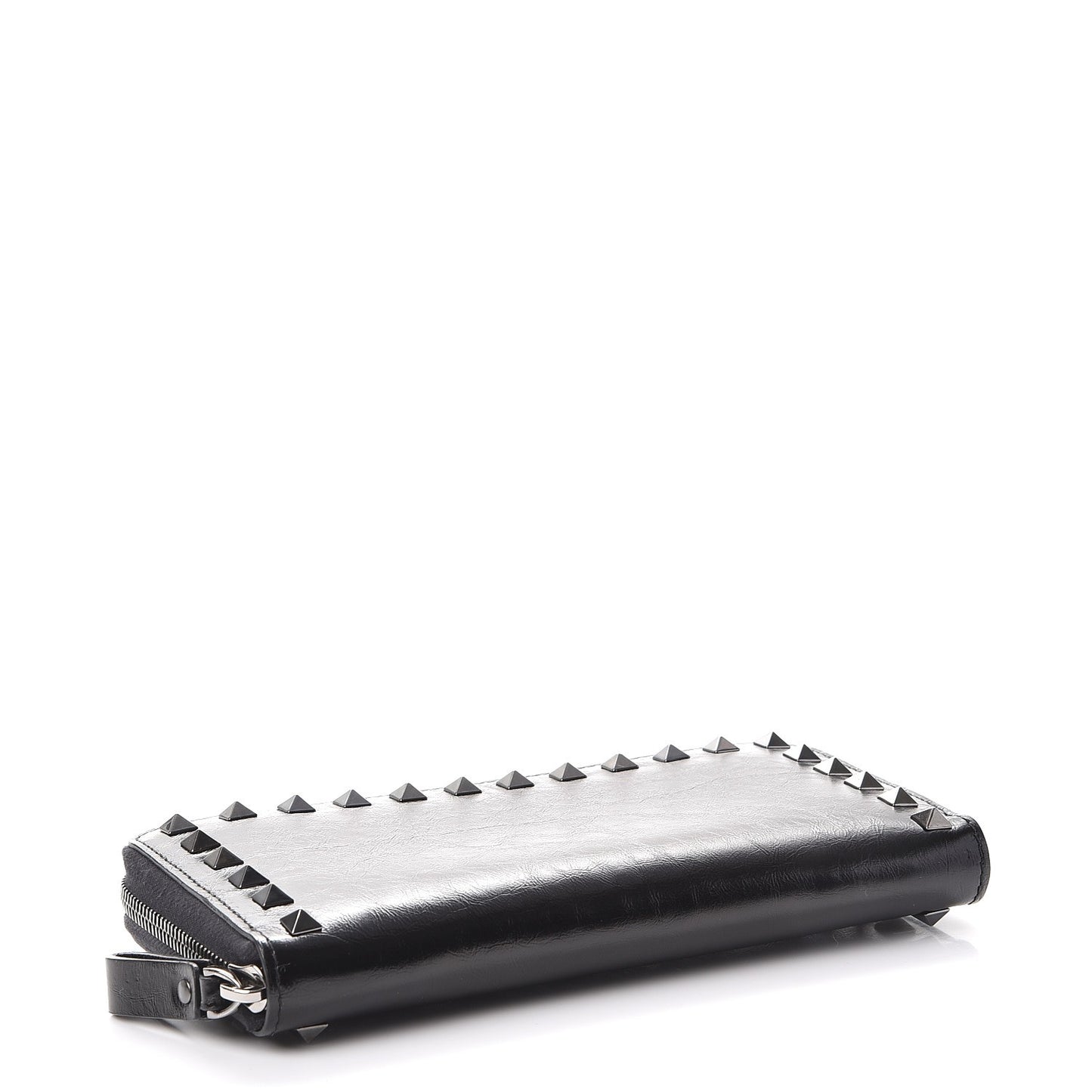 Craquele Calfskin Rockstud Zip Around Wallet Black