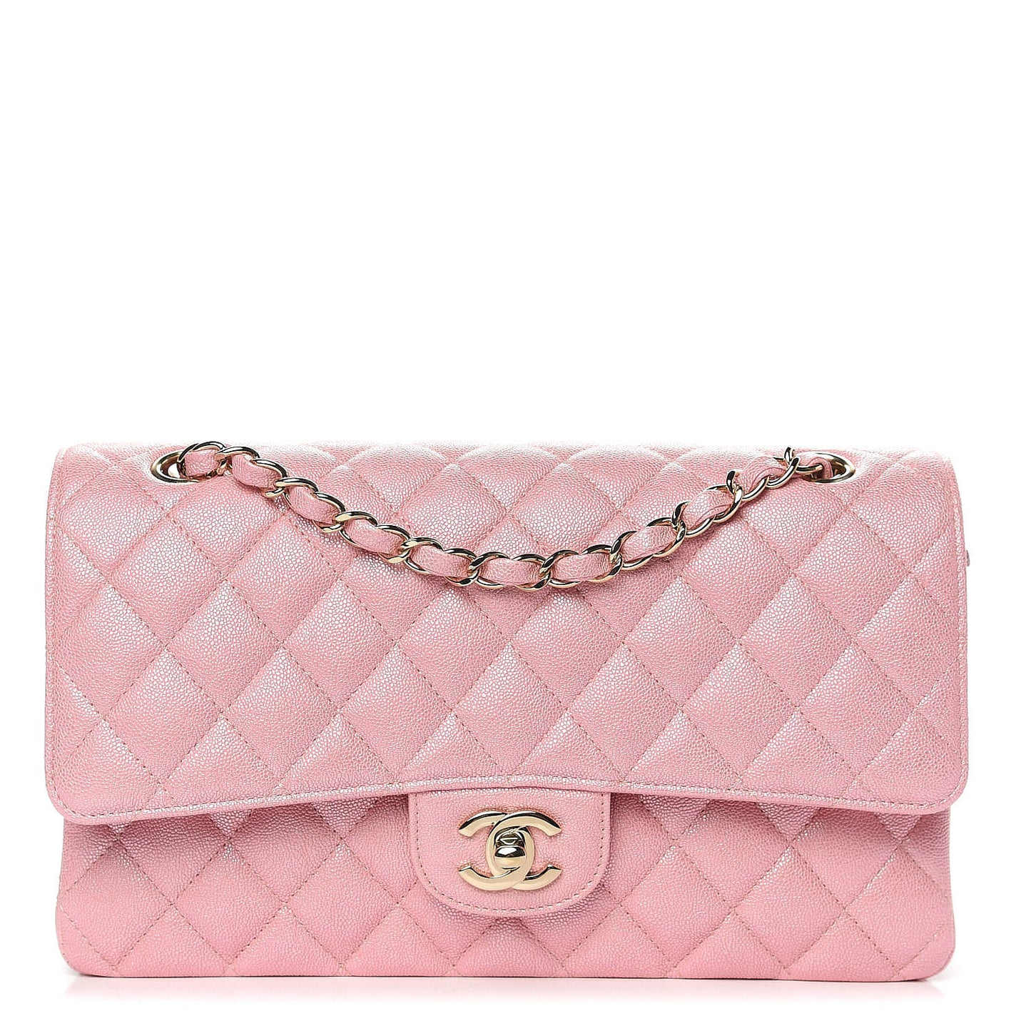 Iridescent Caviar Quilted Medium Double Flap Rose Pink
