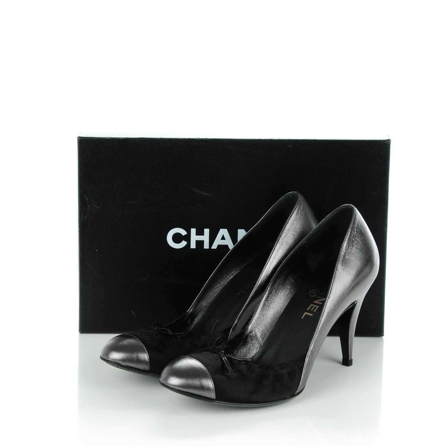 Chanel Metallic Lambskin Satin Elastic Cap Toe Pumps 39 Black Dark Silver 8 of 8
