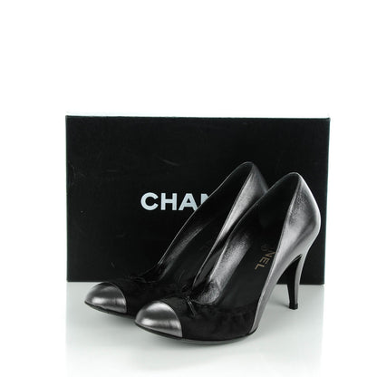 Chanel Metallic Lambskin Satin Elastic Cap Toe Pumps 39 Black Dark Silver 8 of 8