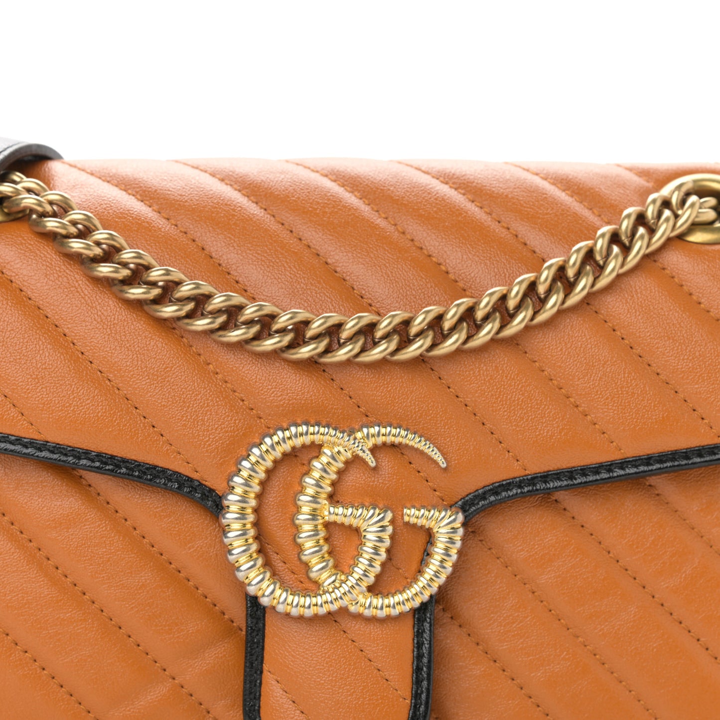 Vintage Effect Calfskin Matelasse Diagonal Small Torchon GG Marmont Shoulder Bag Cognac Black
