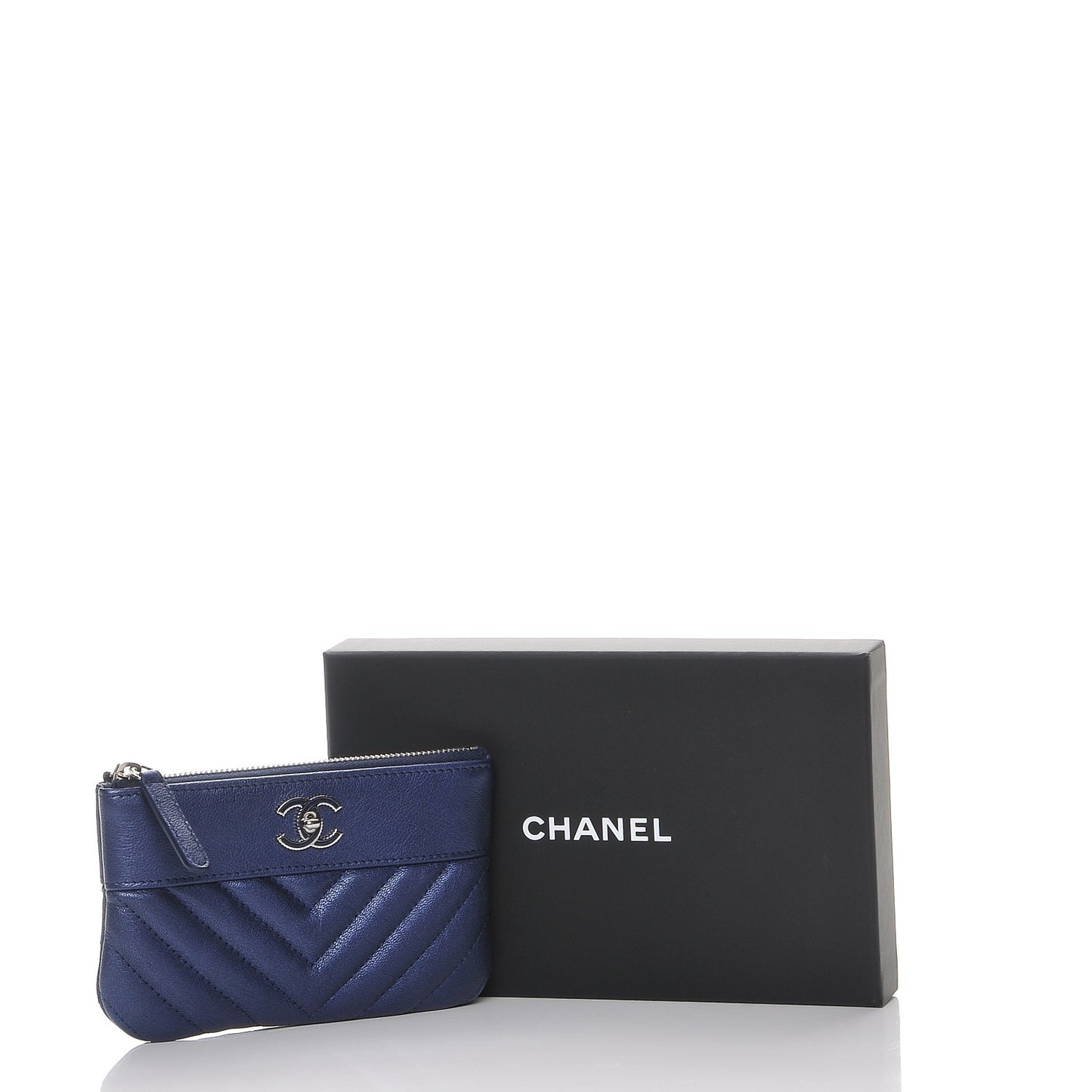 Metallic Sheepskin Chevron Quilted Small Vintage Mademoiselle Cosmetic Case Navy