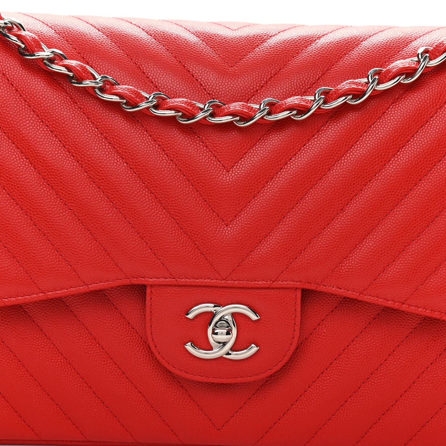 Caviar Chevron Quilted Jumbo Double Flap Dark Red