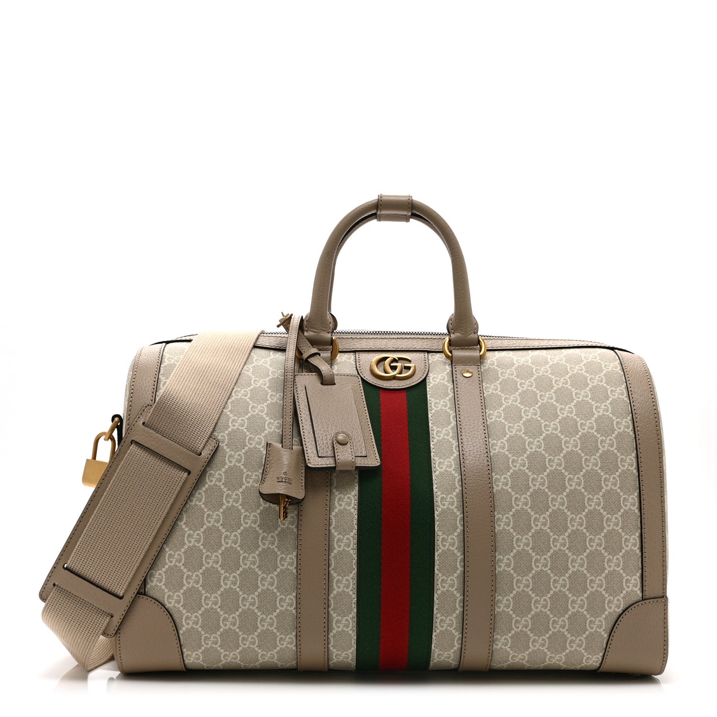 GG Supreme Monogram Textured Dollar Calfskin Web Medium Savoy Duffle Bag Beige Mystic White Oatmeal
