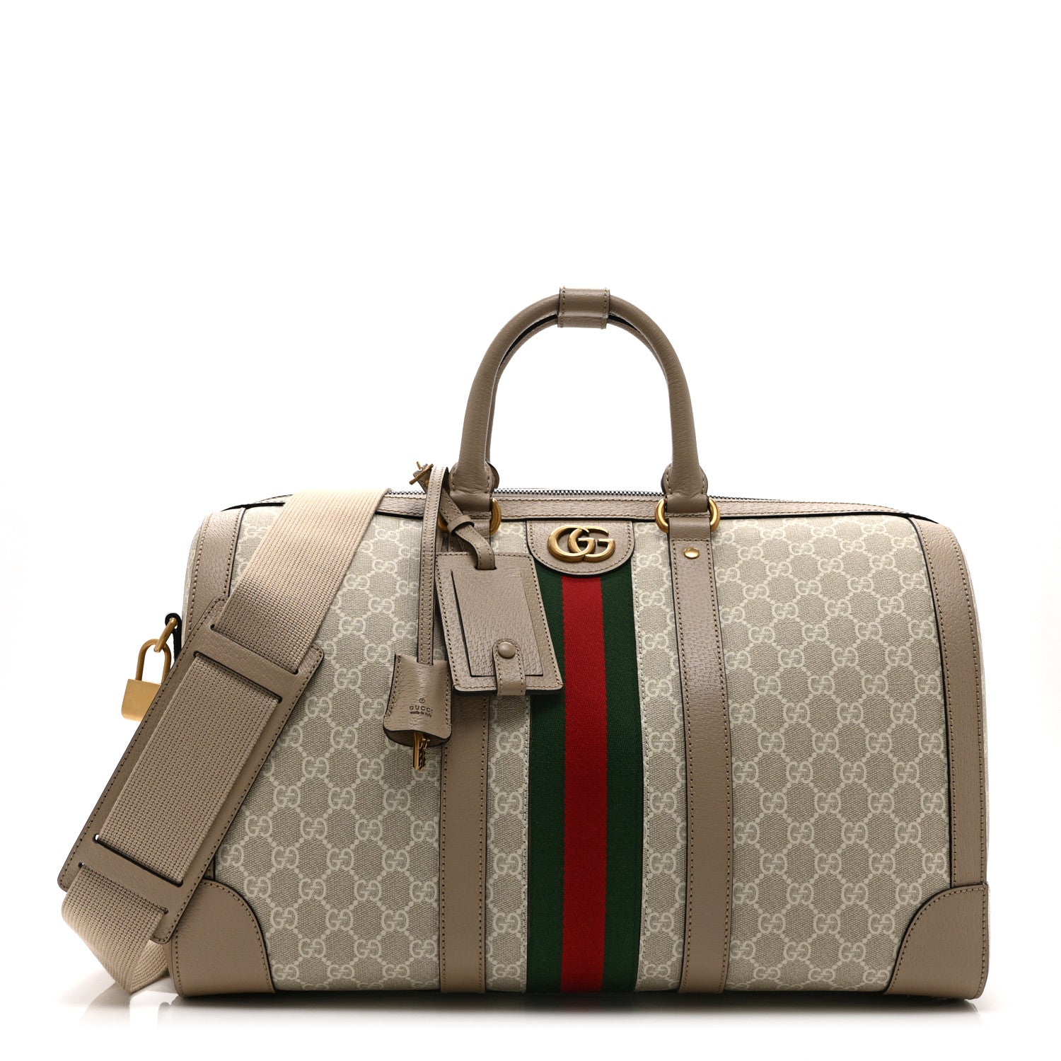 Gucci GG Supreme Monogram Textured Dollar Calfskin Web Medium Savoy Duffle Bag Beige Mystic White Oatmeal 1 of 10