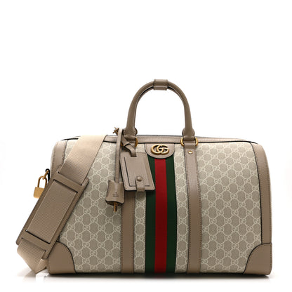 Gucci GG Supreme Monogram Textured Dollar Calfskin Web Medium Savoy Duffle Bag Beige Mystic White Oatmeal 1 of 10