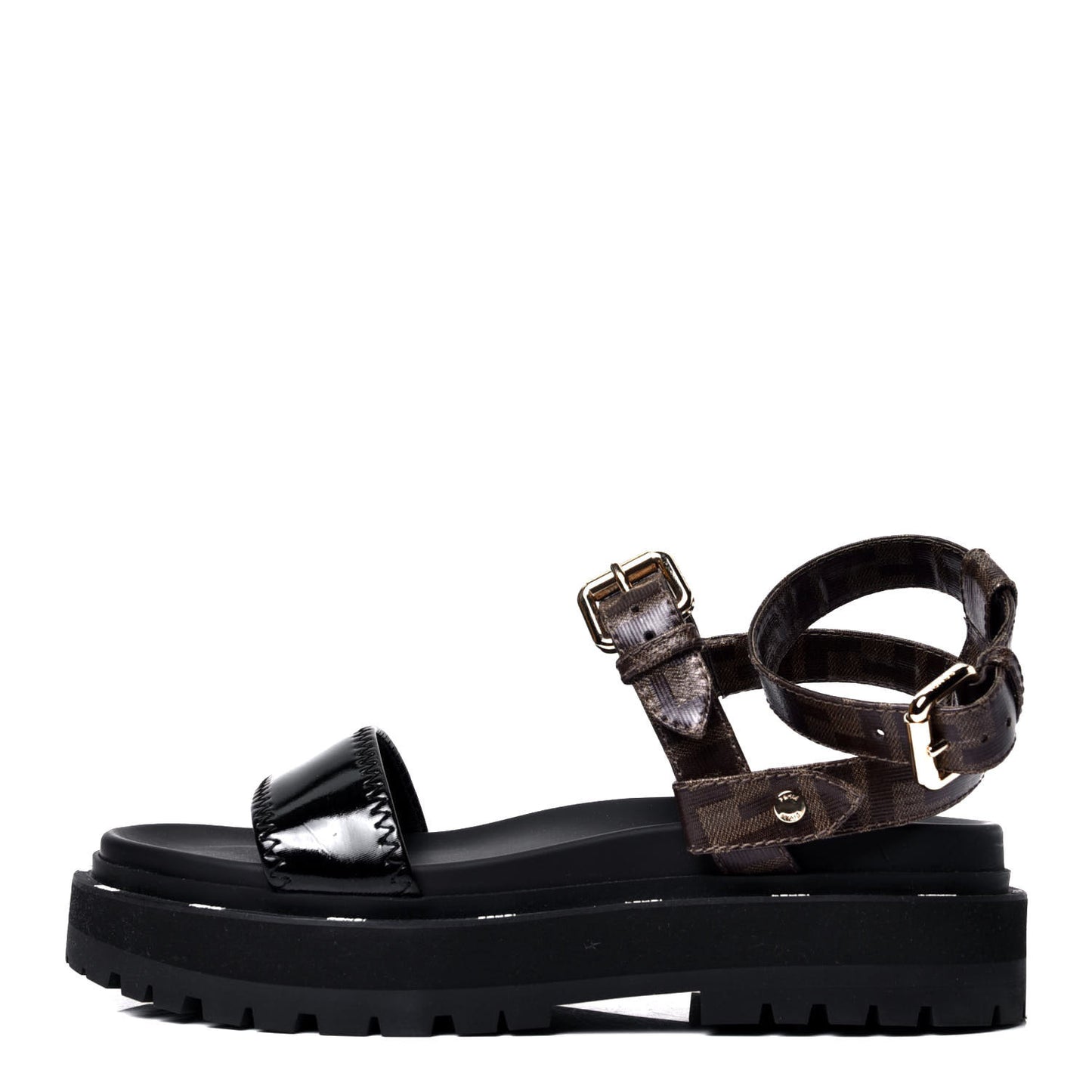 Vernice High-Tech Glazed Fabric FF Lug Sole Platform Sandals 40 Black Tobacco Moro