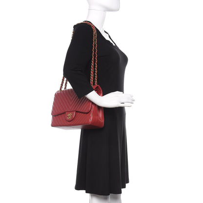 Chanel Lambskin Chevron Quilted Jumbo Double Flap Dark Red 2 of 12