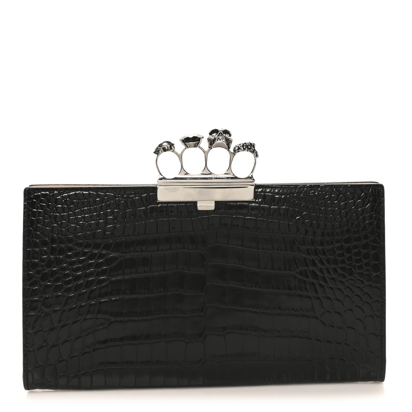 Calfskin Crocodile Embossed Knuckle Flat Clutch Black
