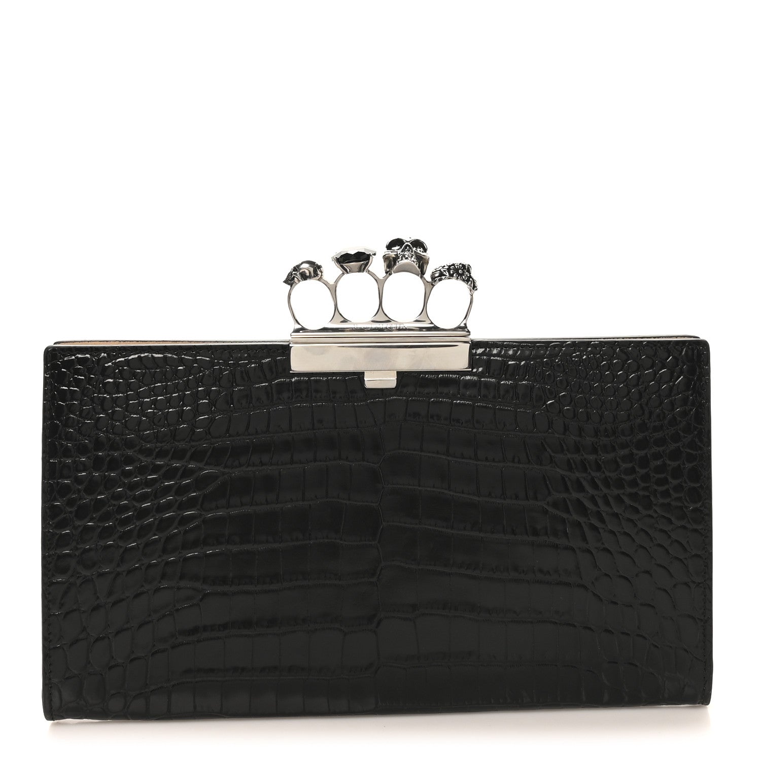 Alexander McQueen Calfskin Crocodile Embossed Knuckle Flat Clutch Black 1 of 6