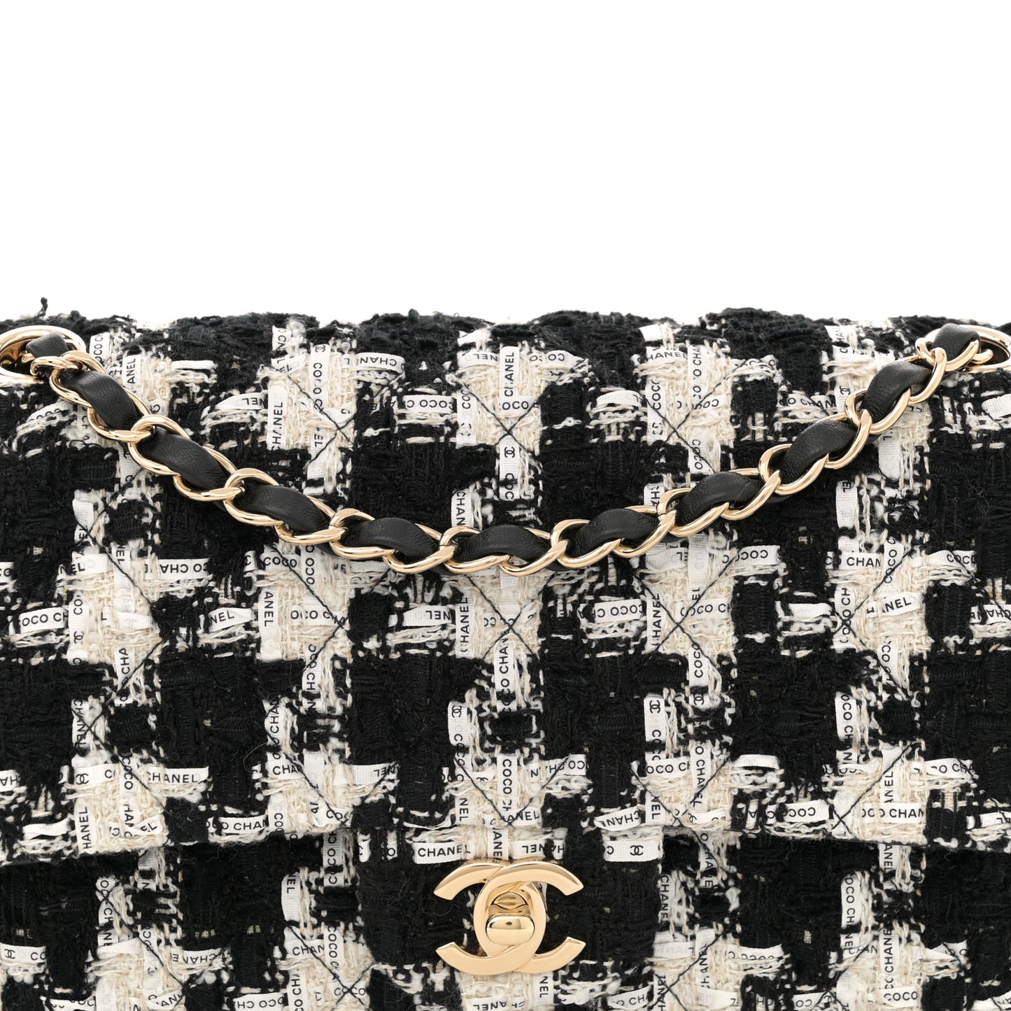 Tweed Quilted Medium Double Flap Black Ecru White