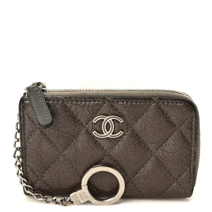 Chanel Lambskin Camellia Embossed Key Holder Case Grey 1 of 12