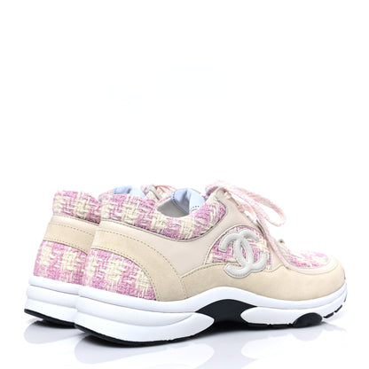 Chanel Tweed Suede Calfskin Womens CC Sneakers 38.5 Pink Ecru 4 of 8