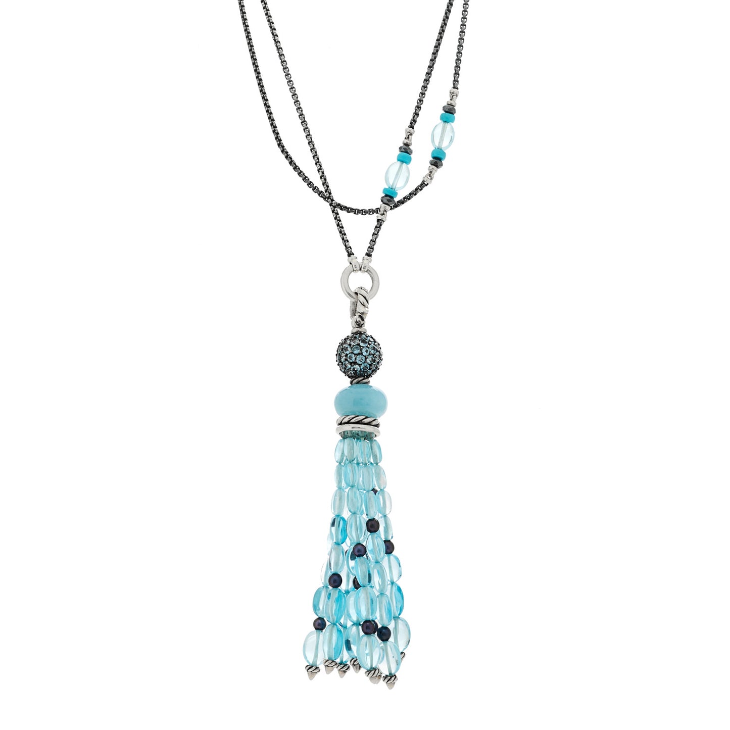 Sterling Silver Aquamarine Blue Topaz Hematite Cultured Pearl Mustique Tassel Necklace
