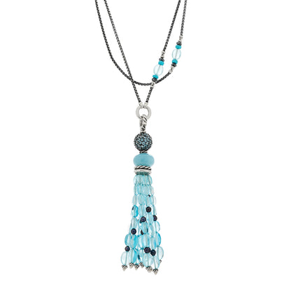 David Yurman Sterling Silver Aquamarine Blue Topaz Hematite Cultured Pearl Mustique Tassel Necklace 1 of 4