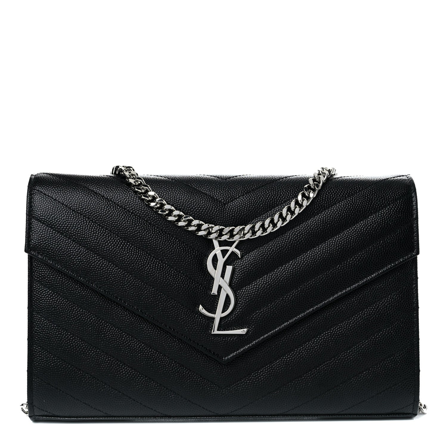 Saint Laurent Grain De Poudre Matelasse Chevron Monogram Chain Wallet Black 1 of 9