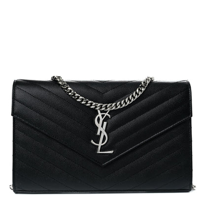 Saint Laurent Grain De Poudre Matelasse Chevron Monogram Chain Wallet Black 1 of 9