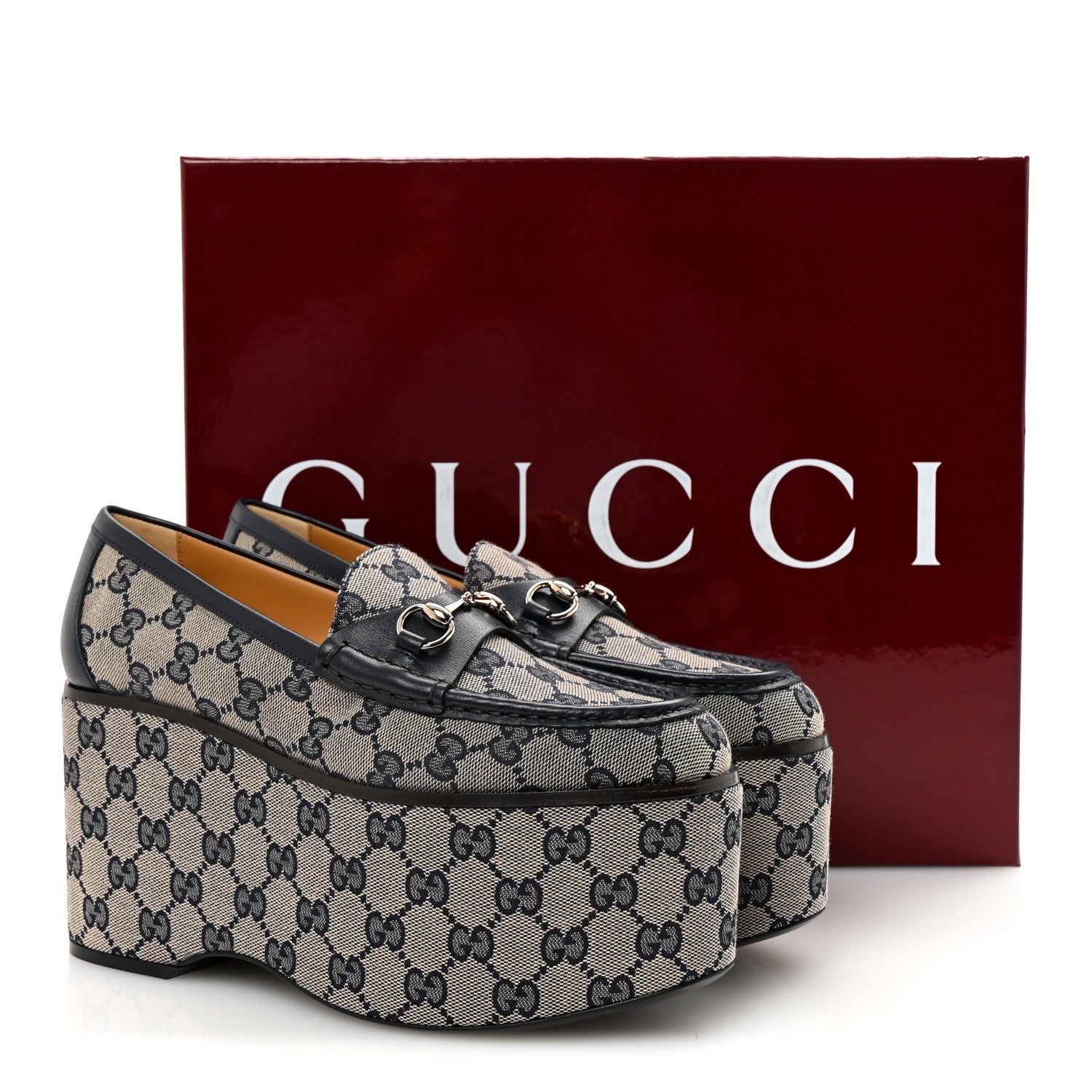 Gucci Canvas GG Monogram Horsebit Calfskin Womens Horsebit Platform Loafers 38.5 Beige Blue 10 of 10