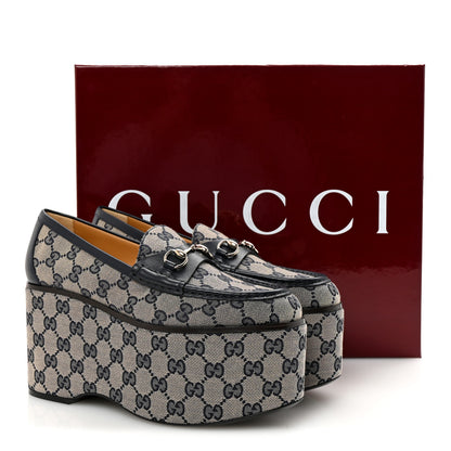 Gucci Canvas GG Monogram Horsebit Calfskin Womens Horsebit Platform Loafers 38.5 Beige Blue 10 of 10