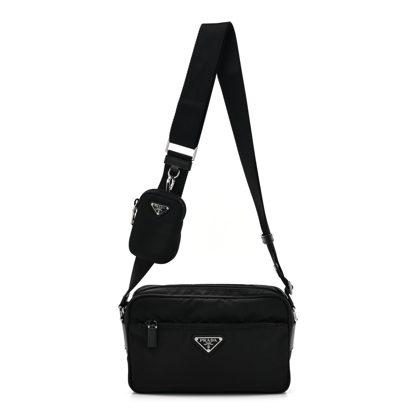 Re-Nylon Vela Saffiano Pocket Double Zip Shoulder Bag Black