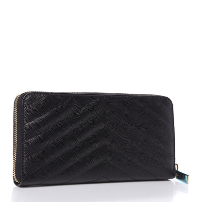 Saint Laurent Grain De Poudre Matelasse Chevron Monogram Zip Around Wallet Black 3 of 7