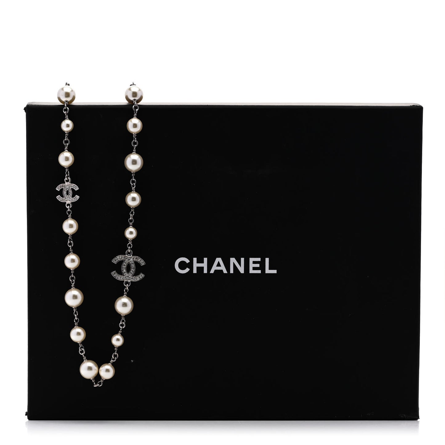 Graduated Pearl Crystal CC Long Necklace Silver
