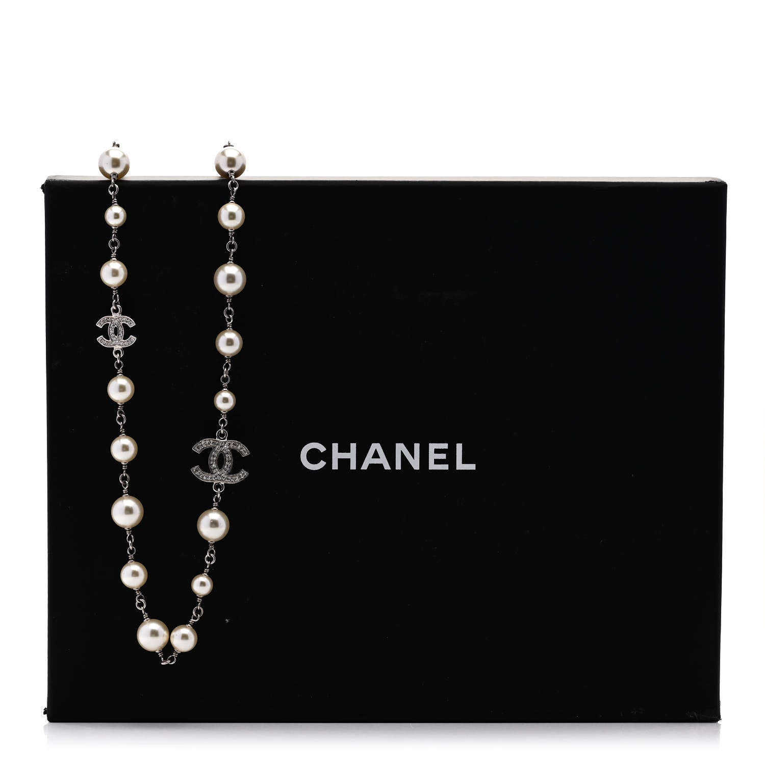 Chanel Graduated Pearl Crystal CC Long Necklace Silver 6 of 6