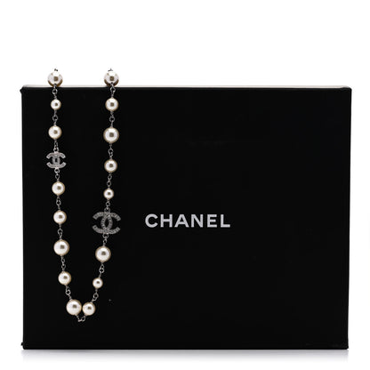 Chanel Graduated Pearl Crystal CC Long Necklace Silver 6 of 6