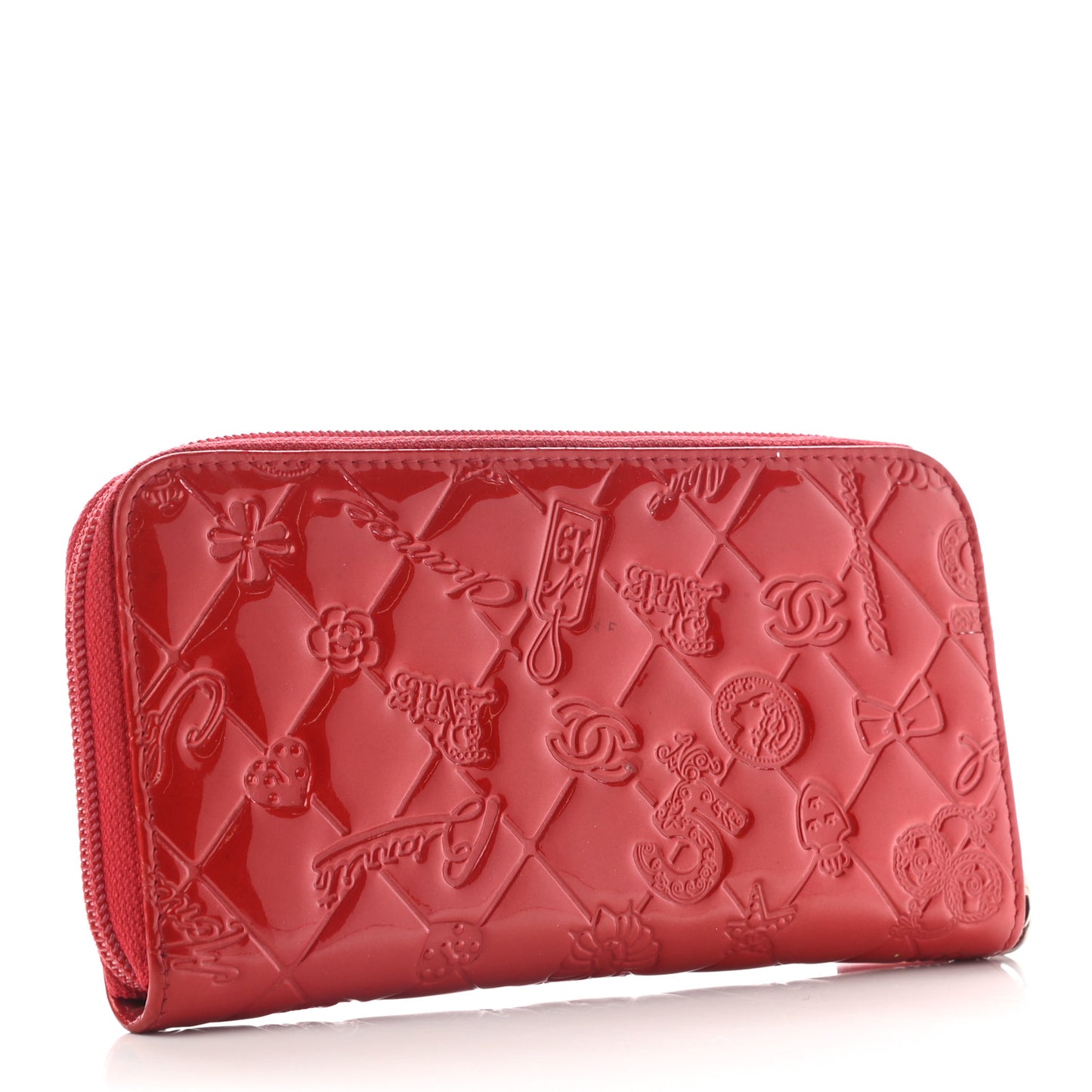Patent Calfskin Lucky Symbols Zip Around Wallet Red