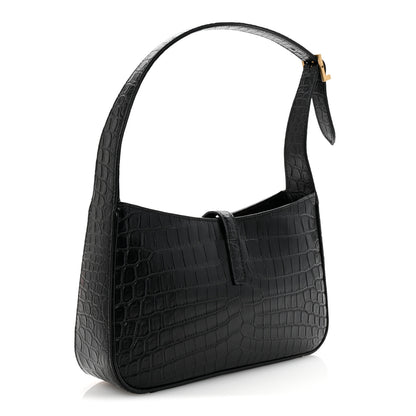 Saint Laurent Calfskin Crocodile Embossed Le 5 A 7 Hobo Black 3 of 9