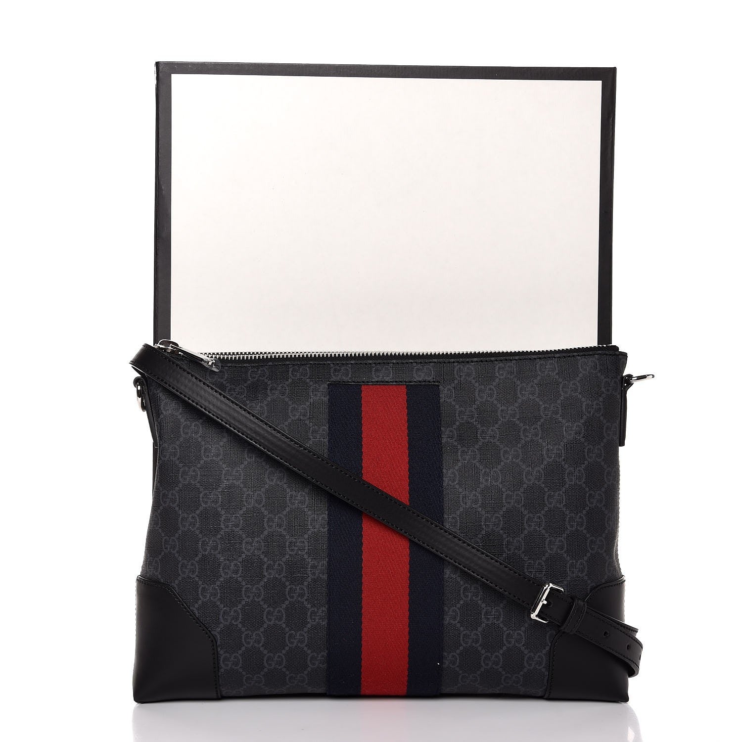 Gucci Soft GG Supreme Monogram Appia Calfskin Web East West Messenger Bag Black Grey 8 of 8