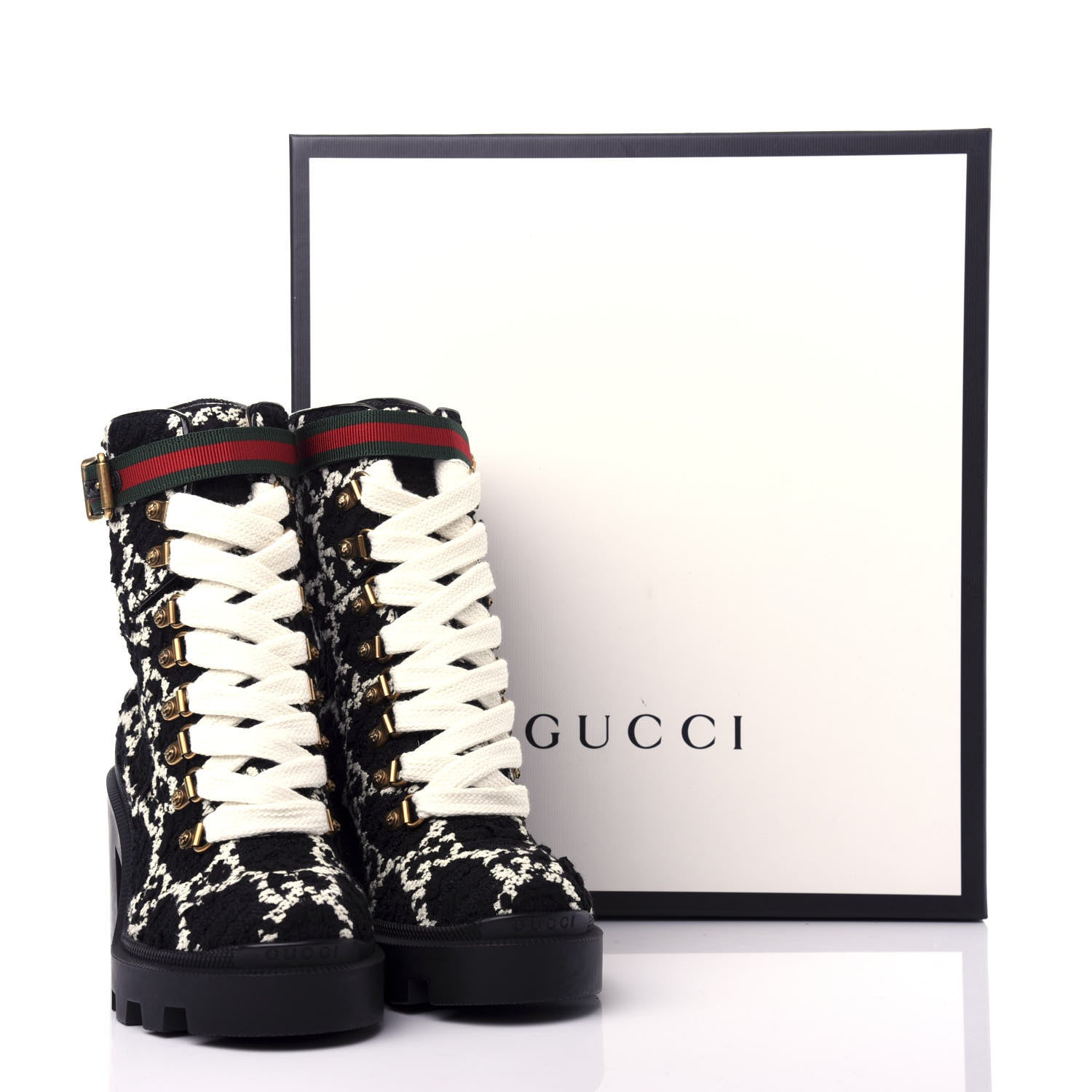 Gucci Tweed GG Monogram Lace Up Combat Ankle Boots 35.5 Black 9 of 9