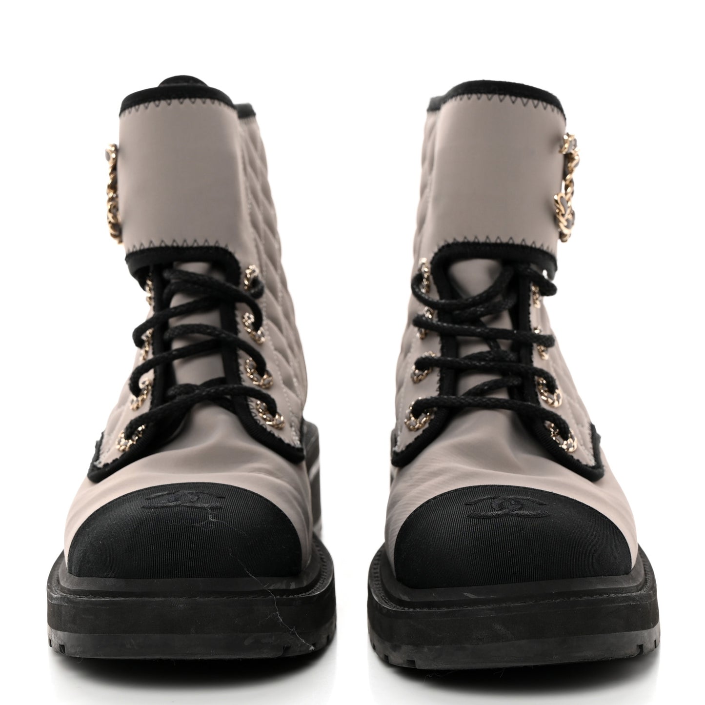 Fabric Grosgrain Lambskin Quilted Lace Up Combat Boot 40.5 Gray